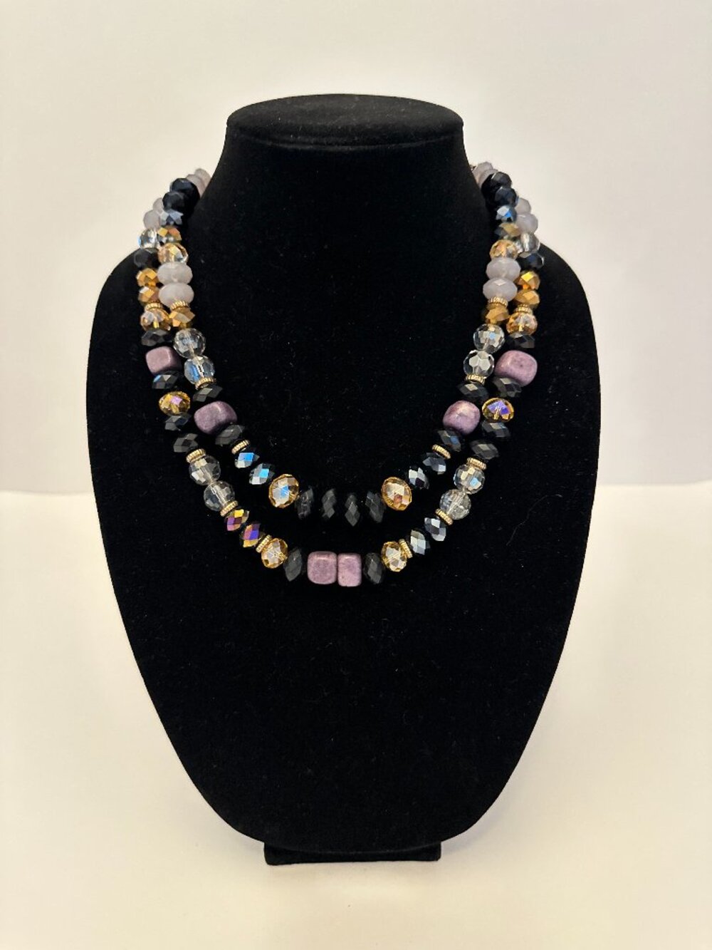 Multistrand Beaded Statement Necklace Gold Black Purple Crystal